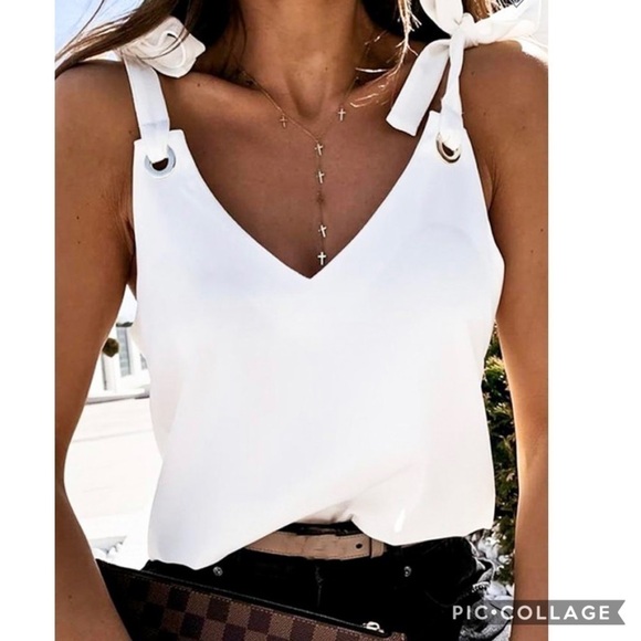 White V Neck Top w/Ties - Picture 2 of 5